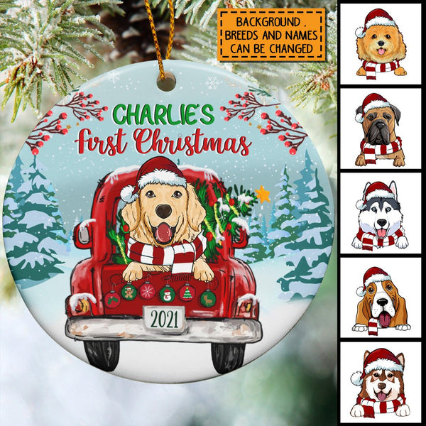 Dog 1st Christmas, Red Truck Circle Ceramic Ornament, Personalized Dog Breeds Ornament, Dog Lovers Gifts