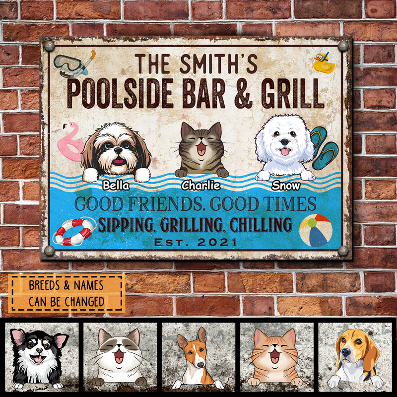 Metal Pool Sign, Gifts For Pet Lovers, Poolside Bar & Grill Funny Signs, Good Friends Good Times Sipping Grilling