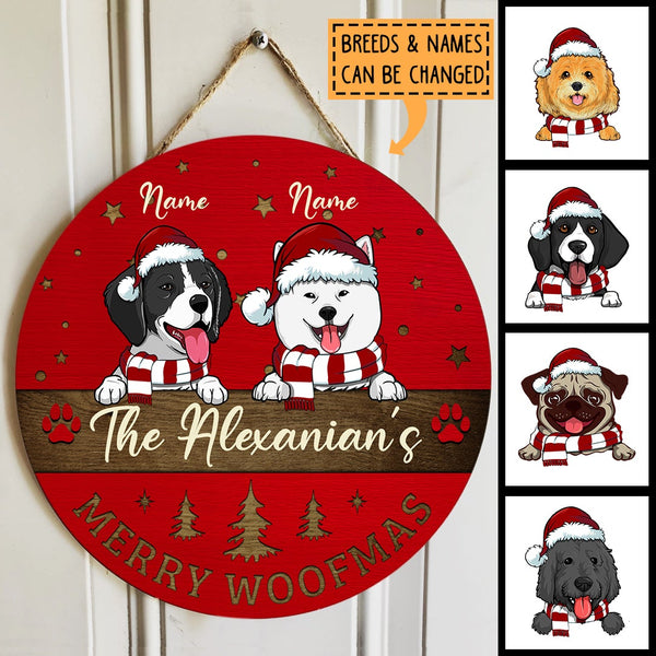 Merry Woofmas Door Hanger, Personalized Dog Breeds And Family Name Door Sign, Xmas Gifts For Dog Lovers