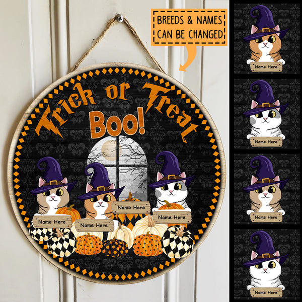 Treat Or Trick - Boo! - Witch Cats On Pattern Pumpkins - Personalized Cat Halloween Door Sign
