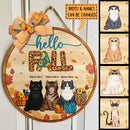 Hello Fall - Leopard Print - Personalized Cat Autumn Door Sign