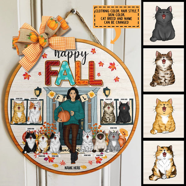 Happy Fall - Girls with Pumpkins and Cats - Personalized Cat Door Sign