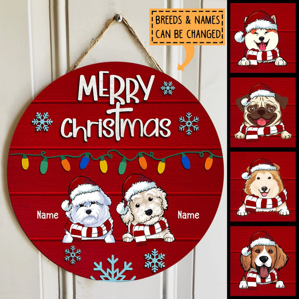 Merry Christmas - String Lights Red Wooden - Personalized Dog Christmas Door Sign