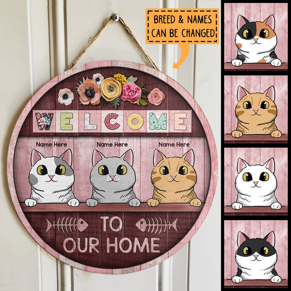 Welcome To Our Home - Pink Wood Door - Personalized Cat Door Sign