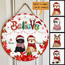Believe - White Wooden - Red Stripes Around - Personalized Cat Christmas Door Sign