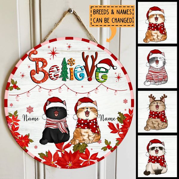 Believe - White Wooden - Red Stripes Around - Personalized Cat Christmas Door Sign