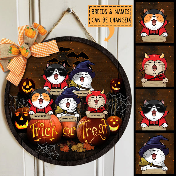 Trick Or Treat - Cats On Scary Pumpkins - Personalized Cat Halloween Door Sign