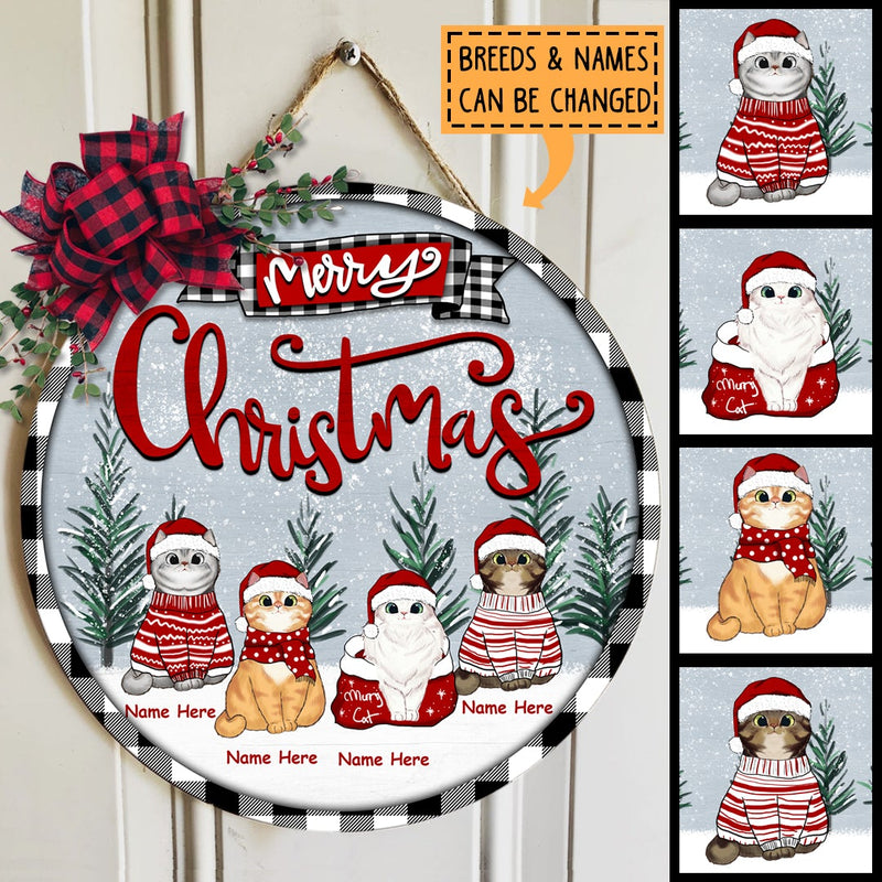 Merry Christmas - Cats On Snow - Personalized Cat Christmas Door Sign