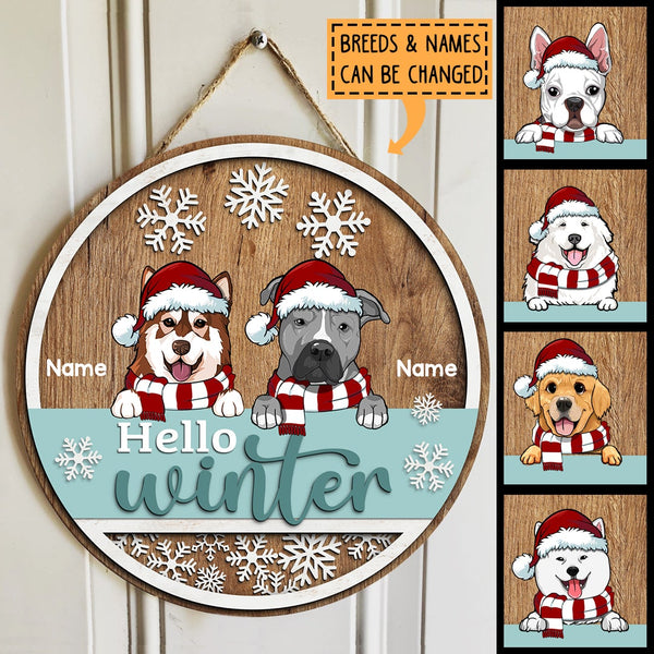 Hello Winter - Wooden - Personalized Dog Christmas Door Sign