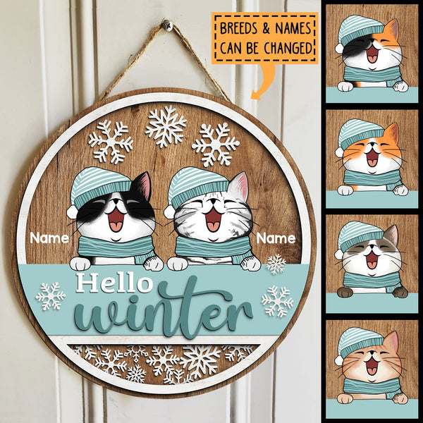 Hello Winter - Mint Costume - Wooden - Personalized Cat Christmas Door Sign
