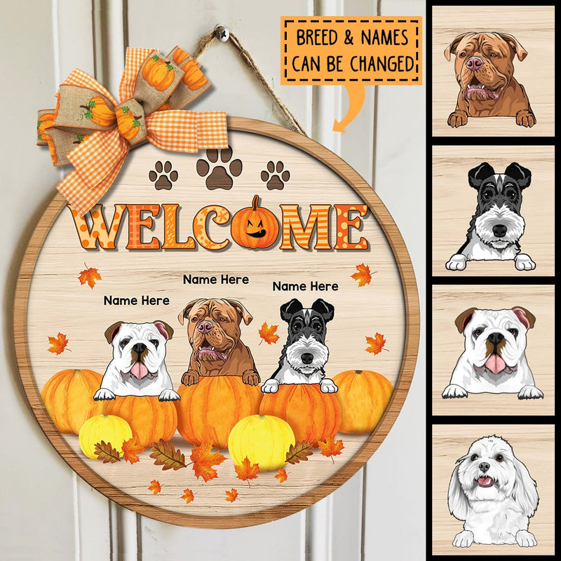 Welcome - Pumpkins and Maple Leaves - Personalized Dog Autumn Door Sign