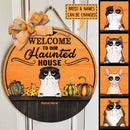 Welcome To Our Haunted House - Orange Color - Personalized Cat Halloween Door Sign