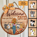 Welcome Hope You Like Cats - Girls and Cats With Fall Flowers - Personalized Cat Autumn Door Sign