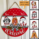 Welcome - Red Top And Bottom - Black Plaid Bow - Personalized Dog Christmas Door Sign