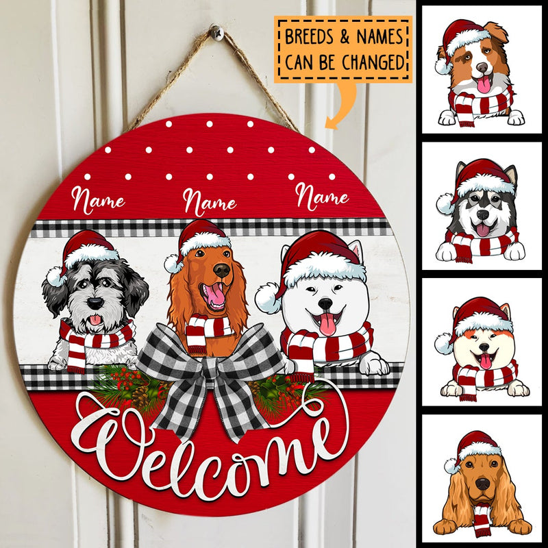 Welcome - Red Top And Bottom - Black Plaid Bow - Personalized Dog Christmas Door Sign
