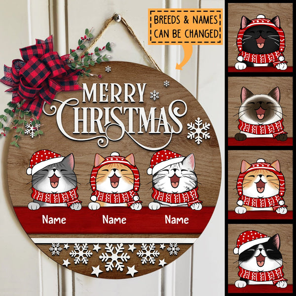 Merry Christmas - Brown Wooden - Personalized Cat Christmas Door Sign