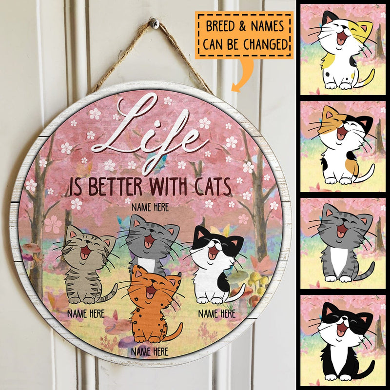 Life Is Better With Cats - Pink Tree - Personalized Cat Door Sign
