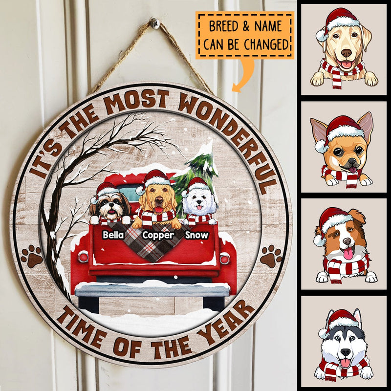 It's The Most Wonderful Time Of The Year - Old Wooden - Red Truck - Personalized Dog Christmas Door Sign