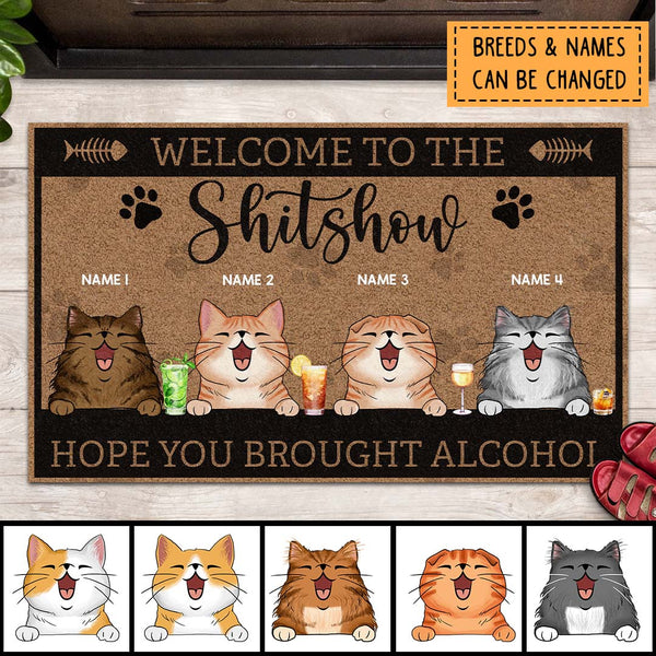 Welcome To The Shitshow Hope You Brought Alcohol, Cat & Beverage, Personalized Cat Breeds Doormat, Funny Home Decor