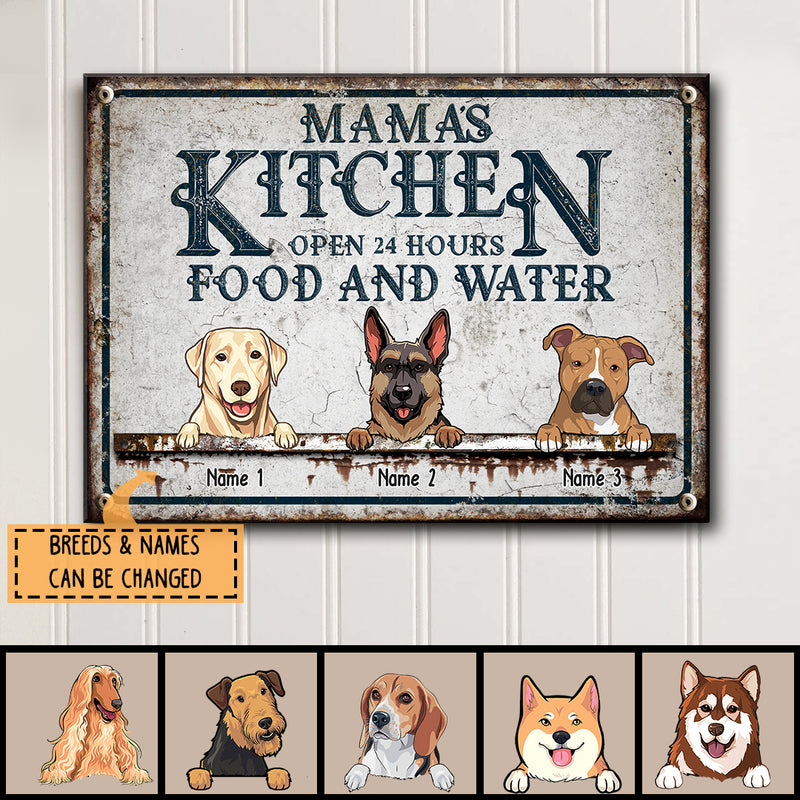 Mama's Kitchen Open 24 Hours Food And Water, Vintage Style, Personalized Dog Breeds Metal Sign