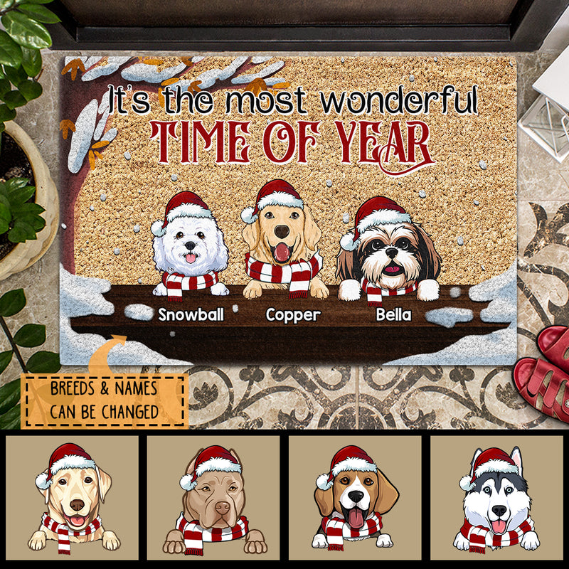 It's The Most Wonderful Time Of Year, Snowy Tree, Personalized Dog Christmas Doormat