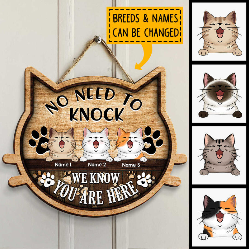 No Need To Knock I Know You Are Here, Wooden Cat Face Door Hanger, Personalized Cat Breeds Door Sign, Cat Lovers Gifts