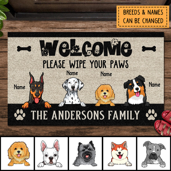 Welcome Please Wipe Your Paws, Flower Doormat, Personalized Dog Breeds Doormat, Gifts For Dog Lovers, Home Decor