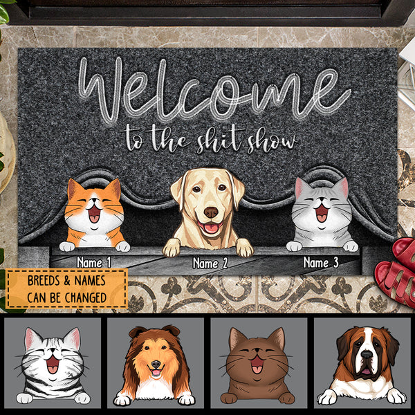 Welcome To The Shitshow, Pet Peeking From Curtain, Welcome Doormat, Personalized Dog & Cat Doormat