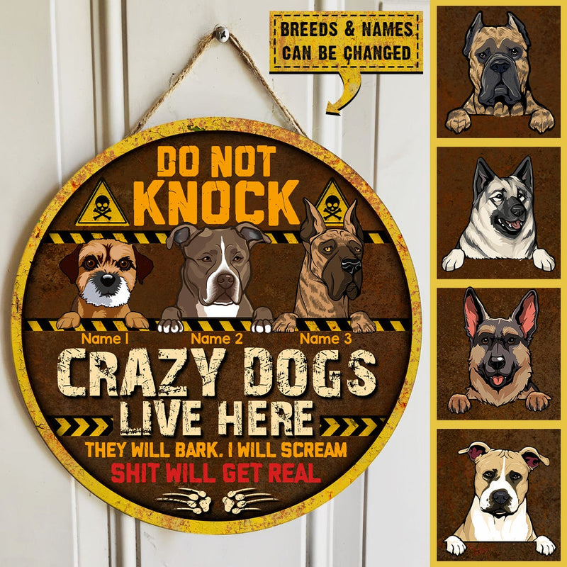 Do Not Knock Crazy Dogs Live Here, Yellow Warning Sign, Personalized Dog Breeds Door Sign, Gifts For Dog Lovers