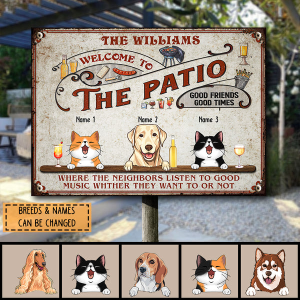 Welcome To The Patio, Red Sign, Personalized Dog & Cat Metal Sign, Gifts For Pet Lovers, Outdoor Decor