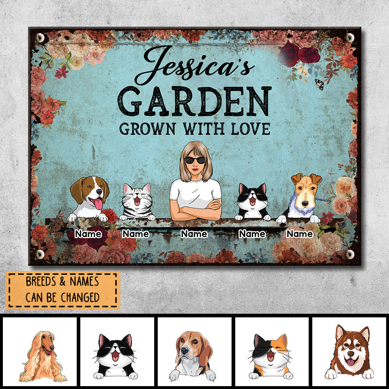 Metal Garden Sign, Gifts For Pet Lovers, Grown With Love Personalized Home Sign, Flower Vintage Signs