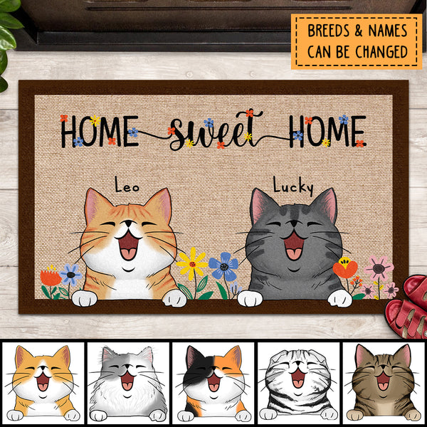 Home Sweet Home, Cats And Flower Doormat, Personalized Cat Breeds Doormat, Gifts For Cat Lovers, Home Decor
