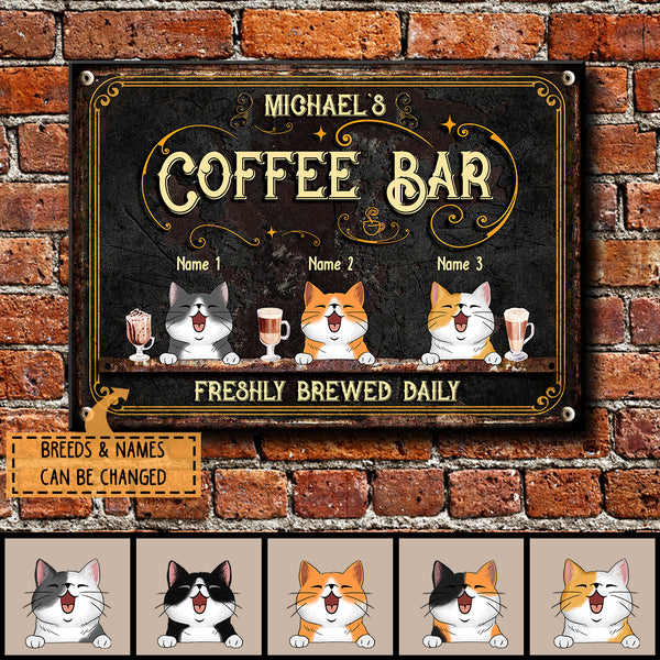 Coffee Bar Freshly Brewed Daily, Vintage Sign, Cat & Beverage, Personalized Cat Breeds Metal Sign