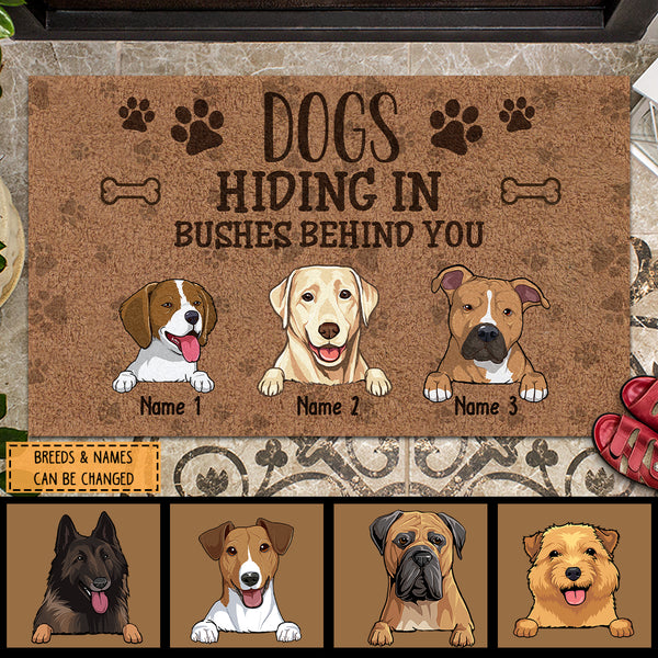 Dogs Hiding In Bushes Behind You, Brown Pawprints, Personalized Dog Breeds Doormat, Gifts For Dog Lovers, Home Decor