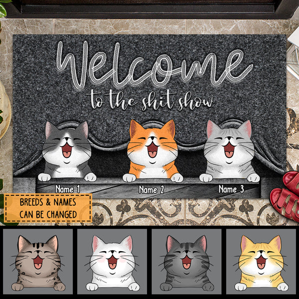 Welcome To The Shitshow, Cat Peeking From Curtain, Dark Doormat, Personalized Cat Breeds Doormat