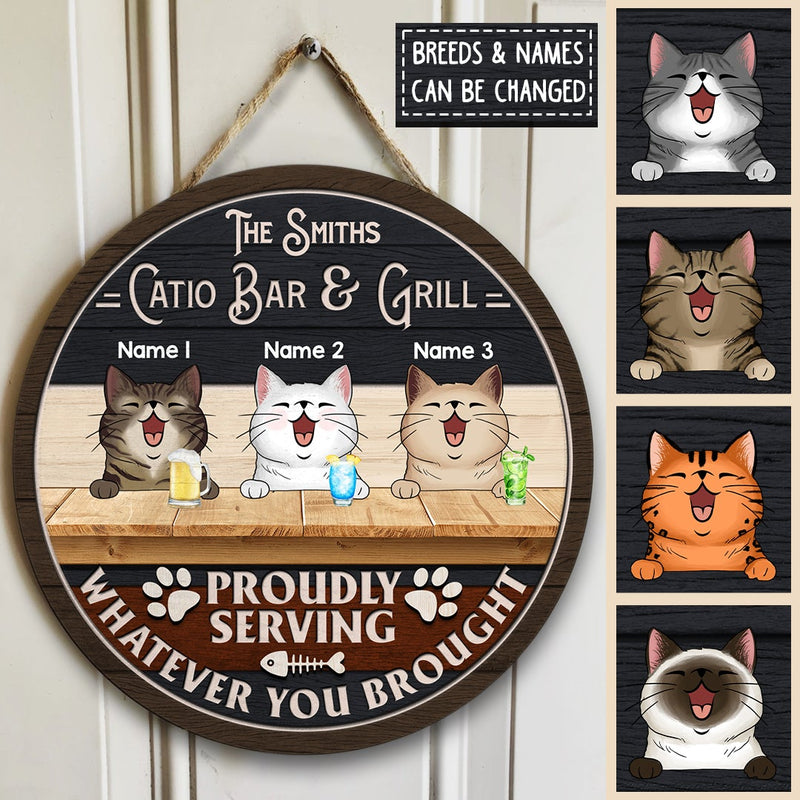 Catio Bar & Grill Proudly Serving Whatever You Brought, Custom Name & Background Color, Personalized Cat Breed Door Sign