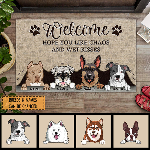Welcome Hope You Likes Chaos And Wet Kisses, Dog Peeking From Curtain, Personalized Dog Breed Doormat, Dog Lovers Gifts