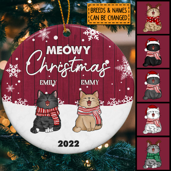 Meowy Christmas, Cats In The Snow, Personalized Cat Breeds Circle Ceramic Ornament, Xmas Gifts For Cat Lovers