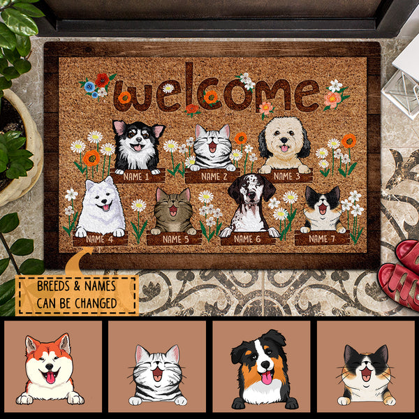 Welcome, Pet With Flowers Doormat, Personalized Dog & Cat Doormat, Home Decor, Gifts For Pet Lovers