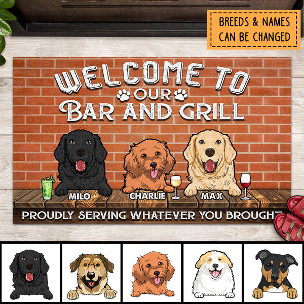 Welcome To Our Bar And Grill, Brick Wall Doormat, Personalized Dog Breeds Doormat, Home Decor, Gifts For Dog Lovers