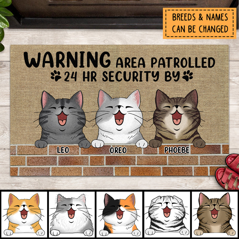 Warning Area Patrolled 24 HR Security By The Cats, Brick Wall Doormat, Personalized Cat Breeds Doormat