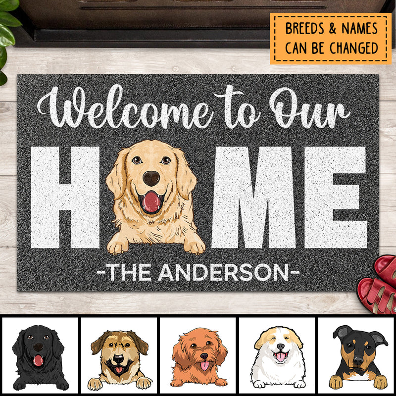 Welcome To Our Home, Grey Doormat, Personalized Dog Breeds Doormat, Home Decor, Gifts For Dog Lovers