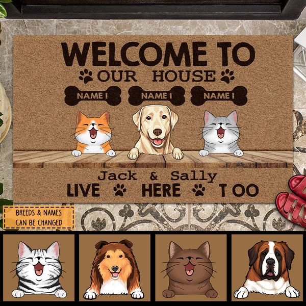 Welcome To Our House The Humans Live Here Too, Pawprint & Bone Doormat, Personalized Dog & Cat Doormat