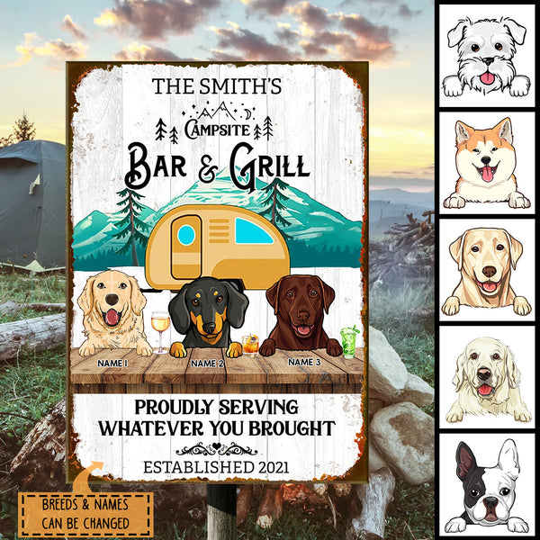 Campsite Bar & Grill Proudly Serving Whatever You Brought, Camping Sign, Personalized Dog Breeds Metal Sign