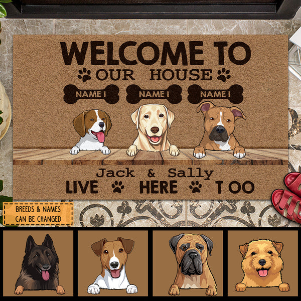 Welcome To Our House The Humans Live Here Too, Pawprint & Bone Doormat, Personalized Dog Breeds Doormat