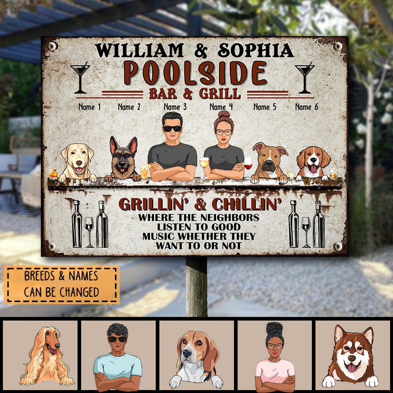 Poolside Bar & Grill, Wine Sign, Couple & Dogs, Personalized Dog Breeds Metal Sign, Dog Lovers Gifts, Pool Decor