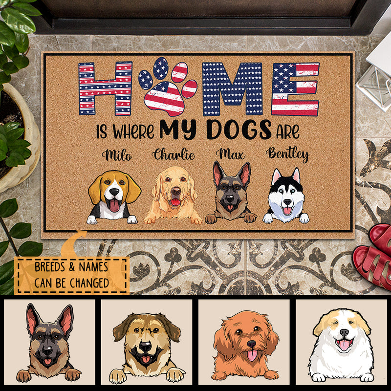 Personalized Dog Breeds Doormat, Gifts For Dog Lovers, Home Is Where My Dogs Are American Flag Home Decor