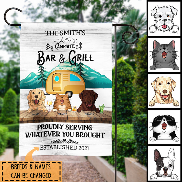 Campsite Bar & Grill Proudly Serving Whatever You Brought, Yellow Truck Camper, Personalized Dog & Cat Garden Flag