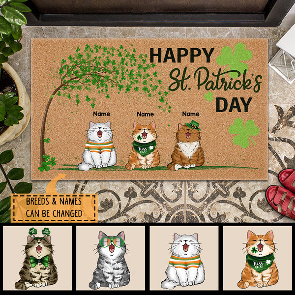 Personalized Cat Breeds Doormat, Happy St. Patrick Day Home Decor, Gifts For Cat Lovers, Shamrock Tree Doormat