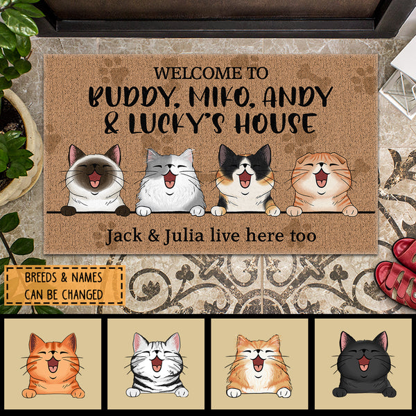 Welcome To My House The Human Live Here Too, Brown Doormat, Personalized Cat Breeds Doormat, Gifts For Cat Lovers